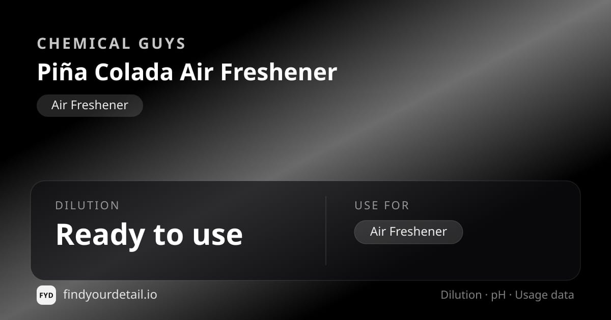 Chemical Guys Piña Colada Air Freshener dilution ratio and pH specification chart