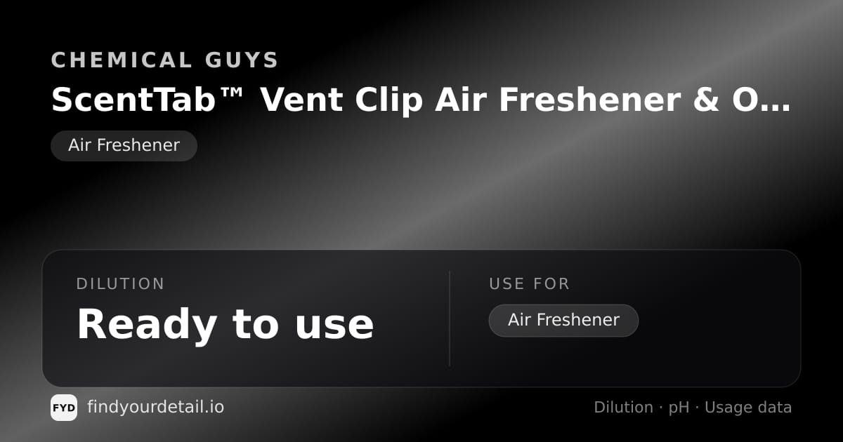 Chemical Guys ScentTab™ Vent Clip Air Freshener & Odor Neutralizer 2-Pack dilution ratio and pH specification chart