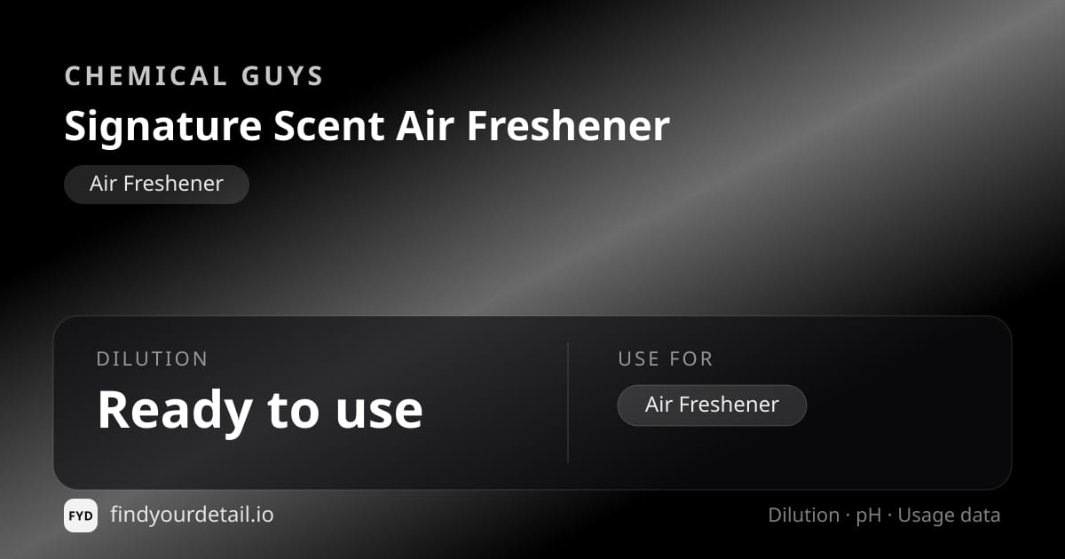 Chemical Guys Signature Scent Air Freshener dilution ratio and pH specification chart