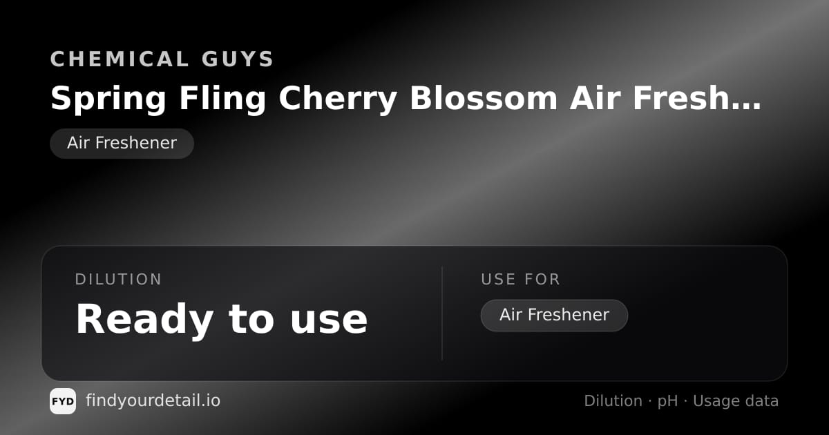 Chemical Guys Spring Fling Cherry Blossom Air Freshener & Odor Neutralizer dilution ratio and pH specification chart