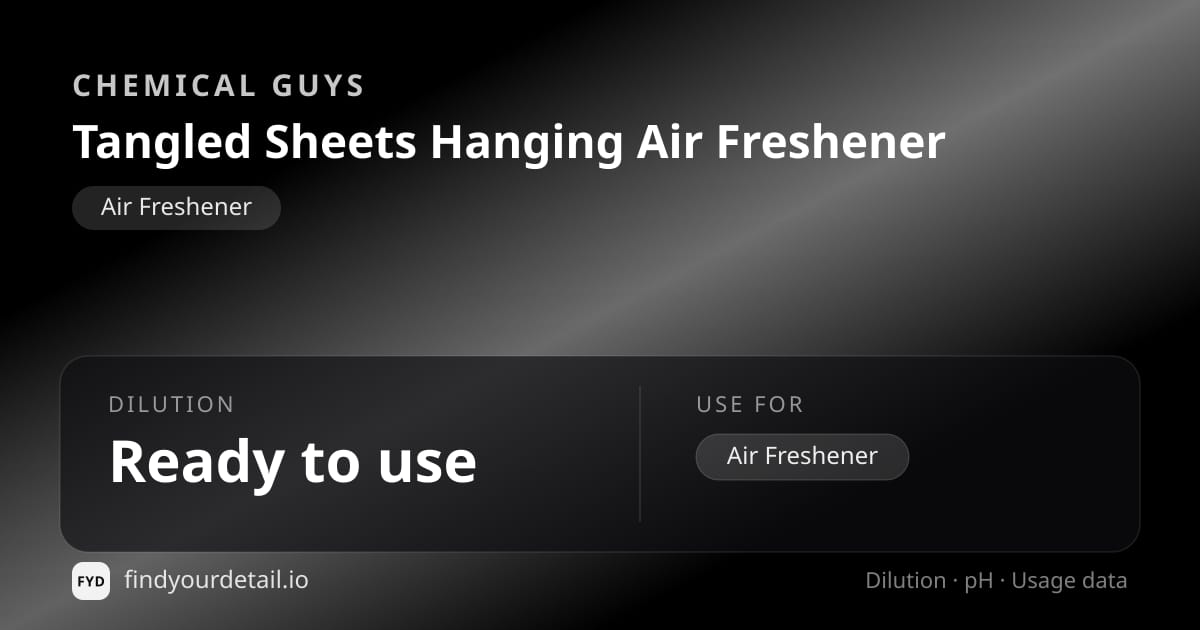 Chemical Guys Tangled Sheets Hanging Air Freshener dilution ratio and pH specification chart