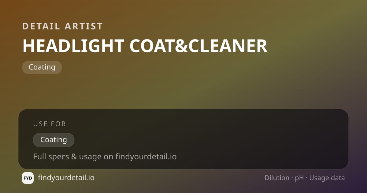 Detail Artist HEADLIGHT COAT&CLEANER dilution ratio and pH specification chart