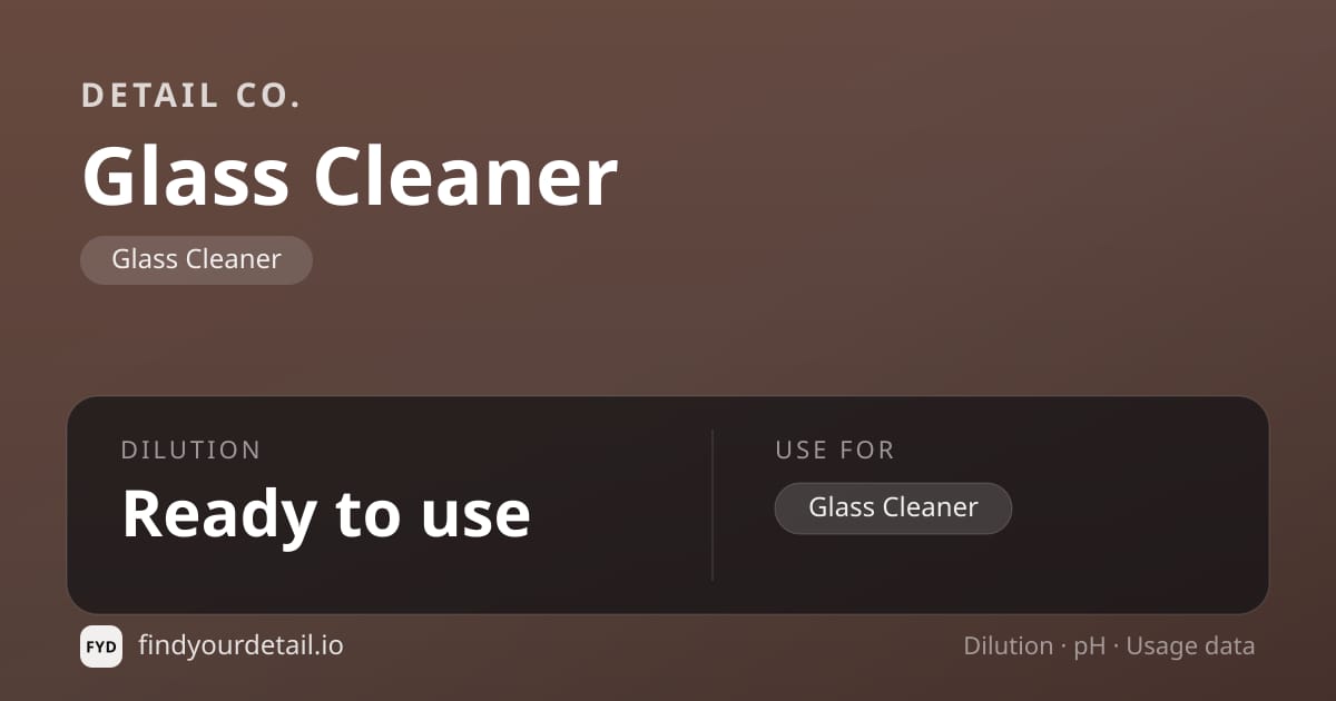Detail Co. Glass Cleaner dilution ratio and pH specification chart