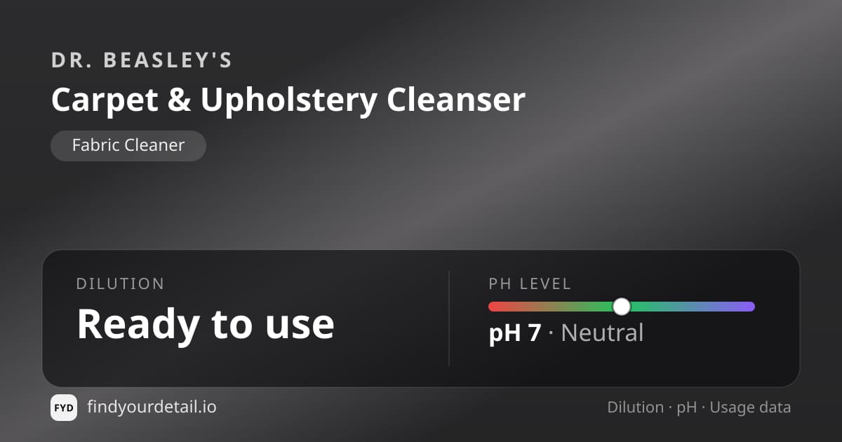 Dr. Beasley's Carpet & Upholstery Cleanser dilution ratio and pH specification chart