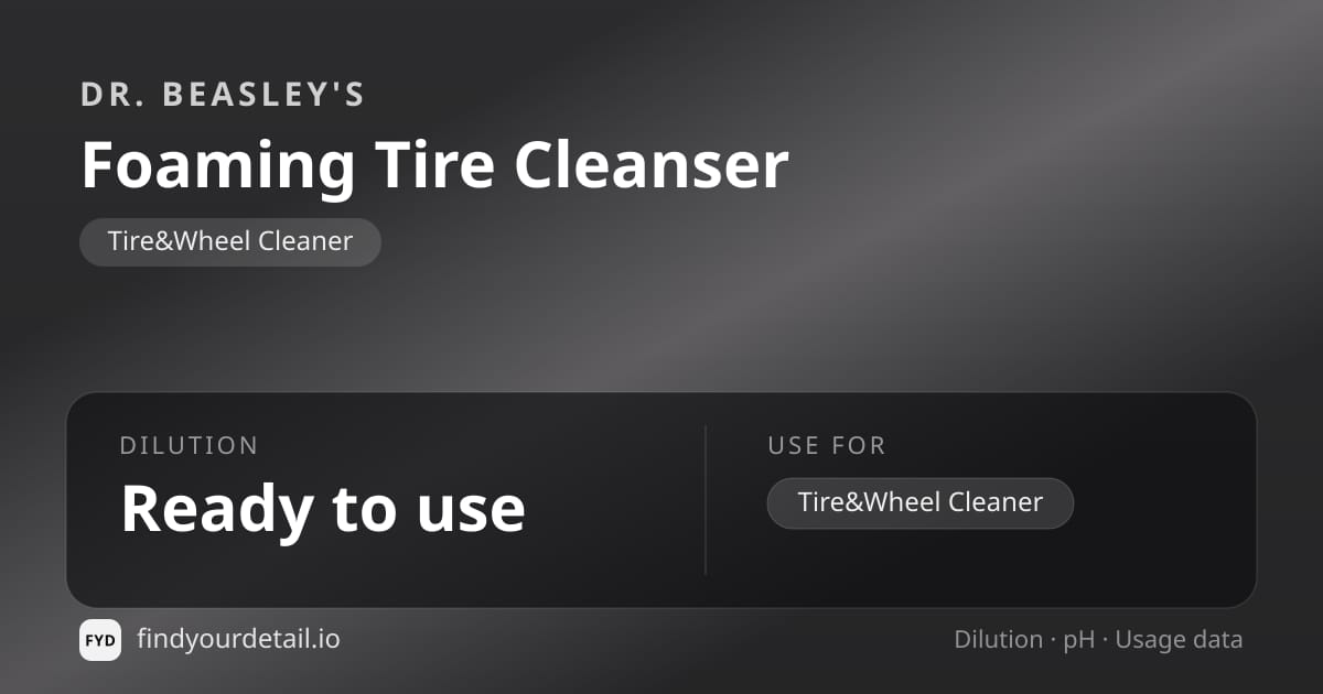 Dr. Beasley's Foaming Tire Cleanser dilution ratio and pH specification chart