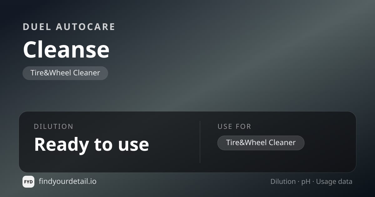 Duel Autocare Cleanse dilution ratio and pH specification chart
