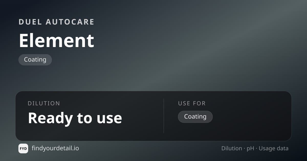 Duel Autocare Element dilution ratio and pH specification chart