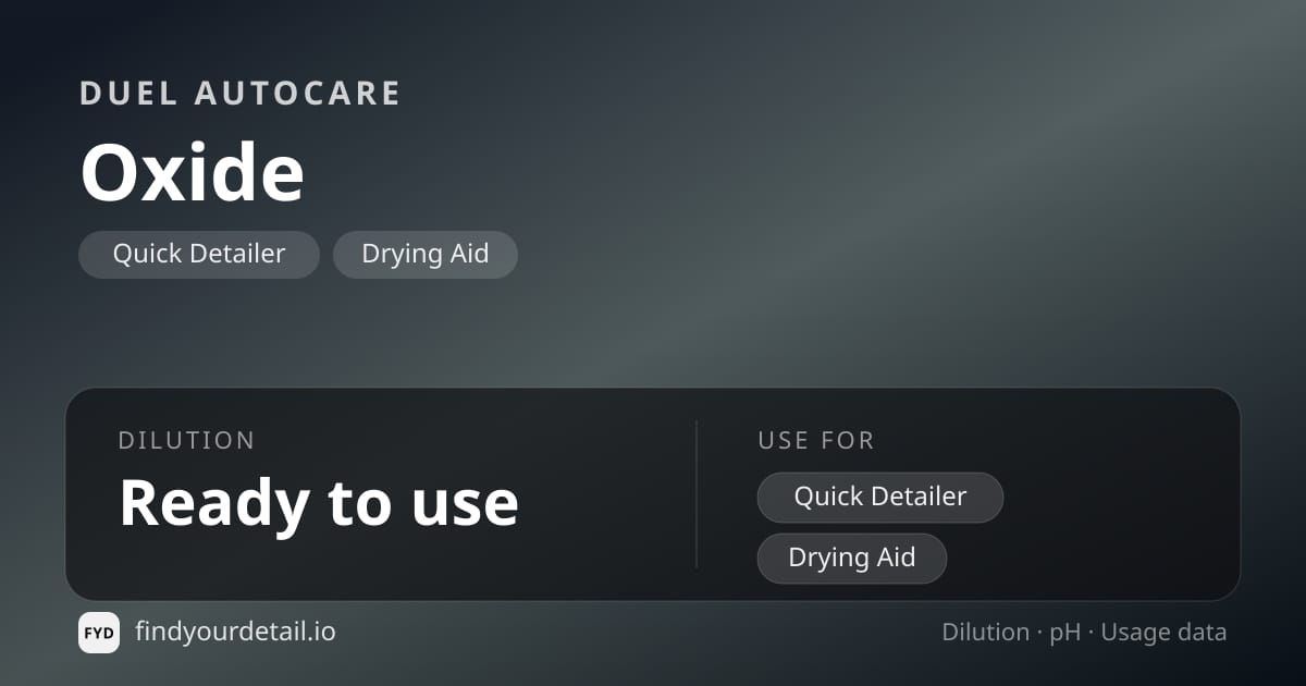Duel Autocare Oxide dilution ratio and pH specification chart