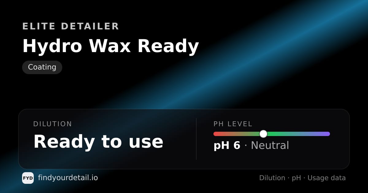 Elite Detailer Hydro Wax Ready dilution ratio and pH specification chart