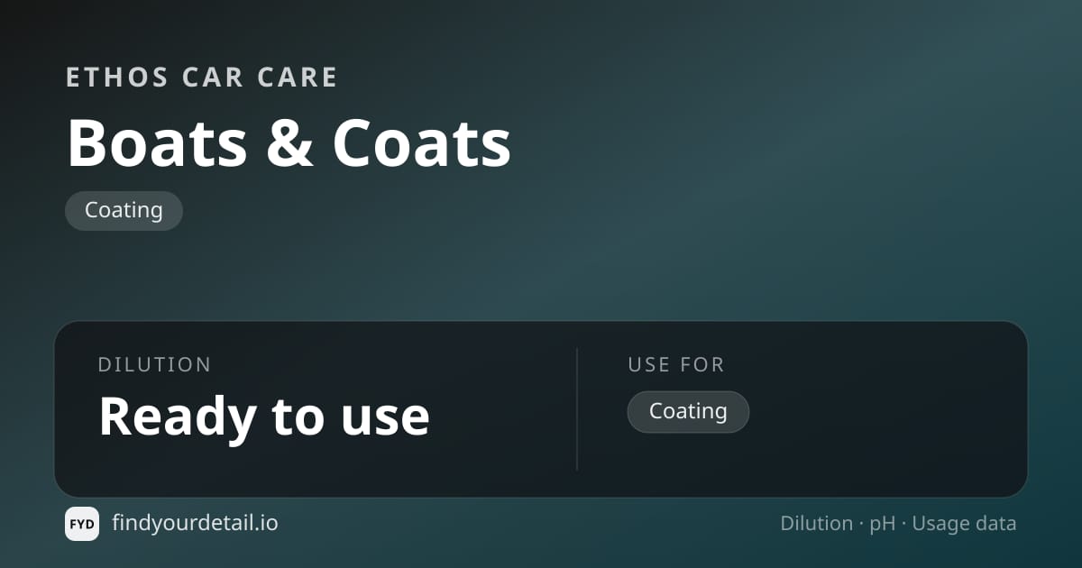 Ethos Car Care Boats & Coats dilution ratio and pH specification chart