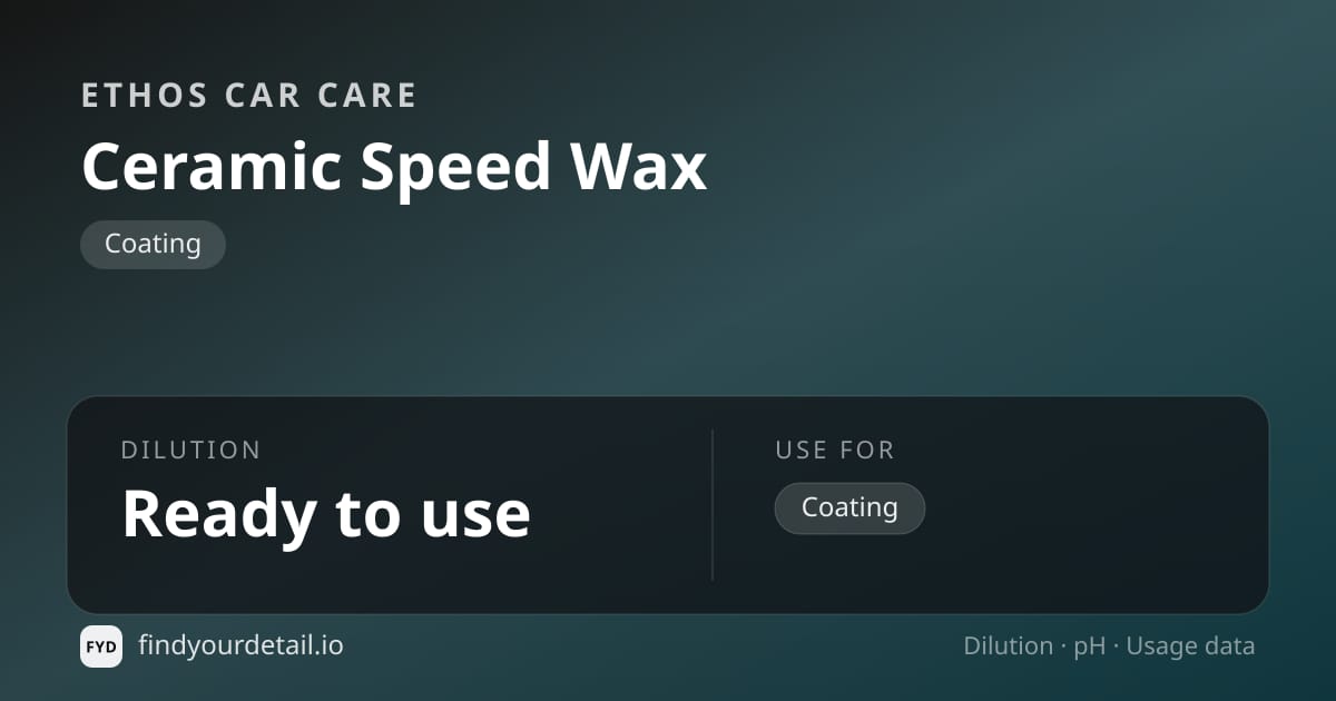 Ethos Car Care Ceramic Speed Wax dilution ratio and pH specification chart