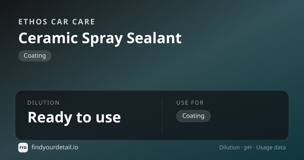 Ethos Car Care Ceramic Spray Sealant dilution ratio and pH specification chart