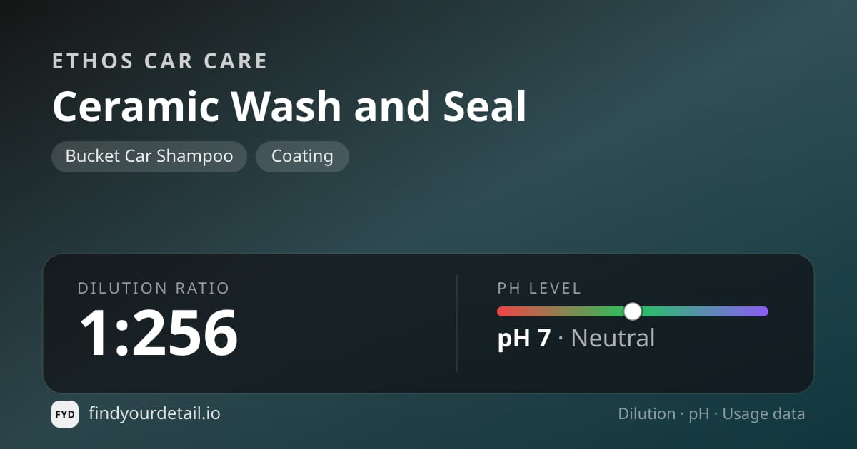 Ethos Car Care Ceramic Wash and Seal dilution ratio and pH specification chart