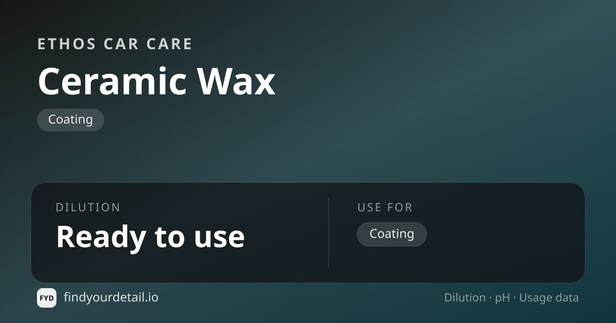 Ethos Car Care Ceramic Wax dilution ratio and pH specification chart