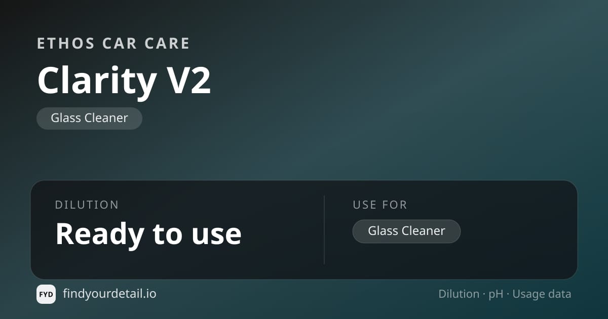 Ethos Car Care Clarity V2 dilution ratio and pH specification chart
