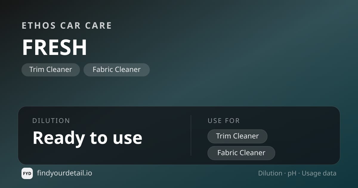 Ethos Car Care FRESH dilution ratio and pH specification chart
