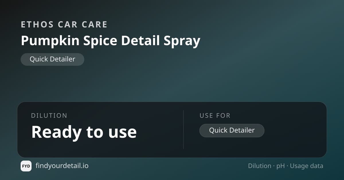 Ethos Car Care Pumpkin Spice Detail Spray dilution ratio and pH specification chart