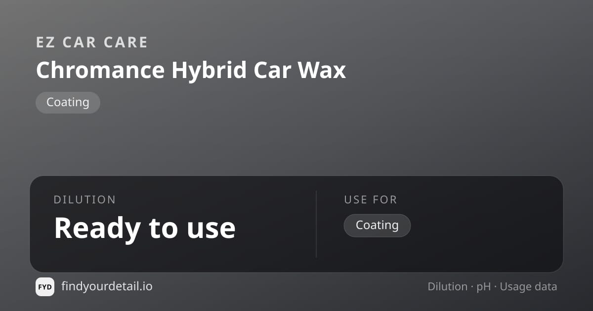 EZ Car Care Chromance Hybrid Car Wax dilution ratio and pH specification chart