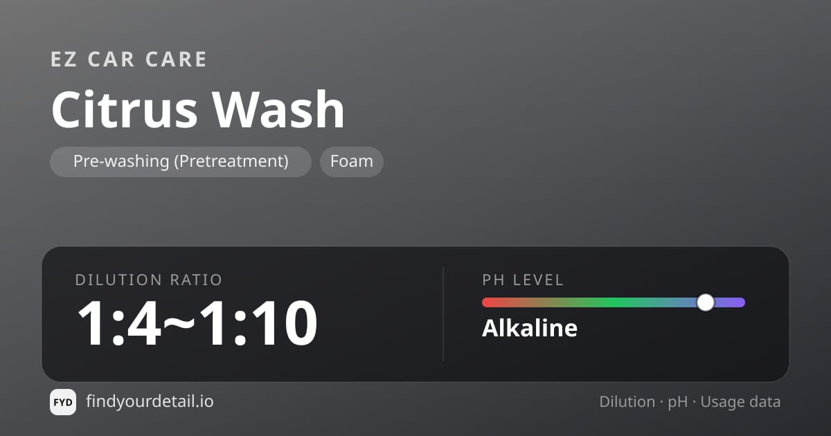EZ Car Care Citrus Wash dilution ratio and pH specification chart