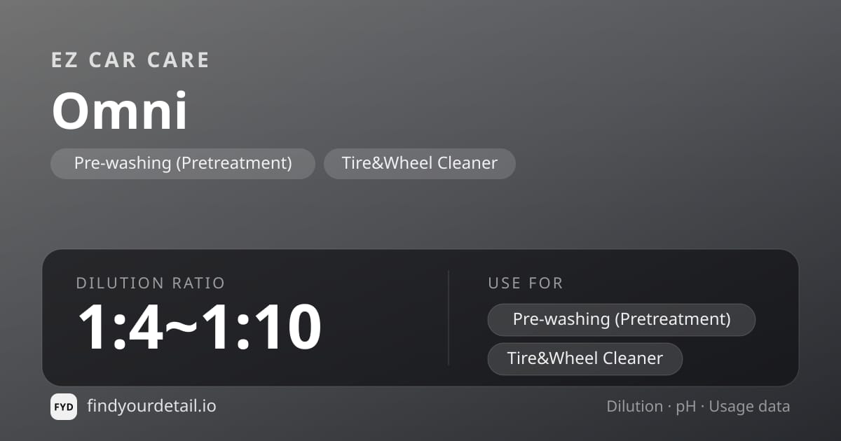 EZ Car Care Omni dilution ratio and pH specification chart