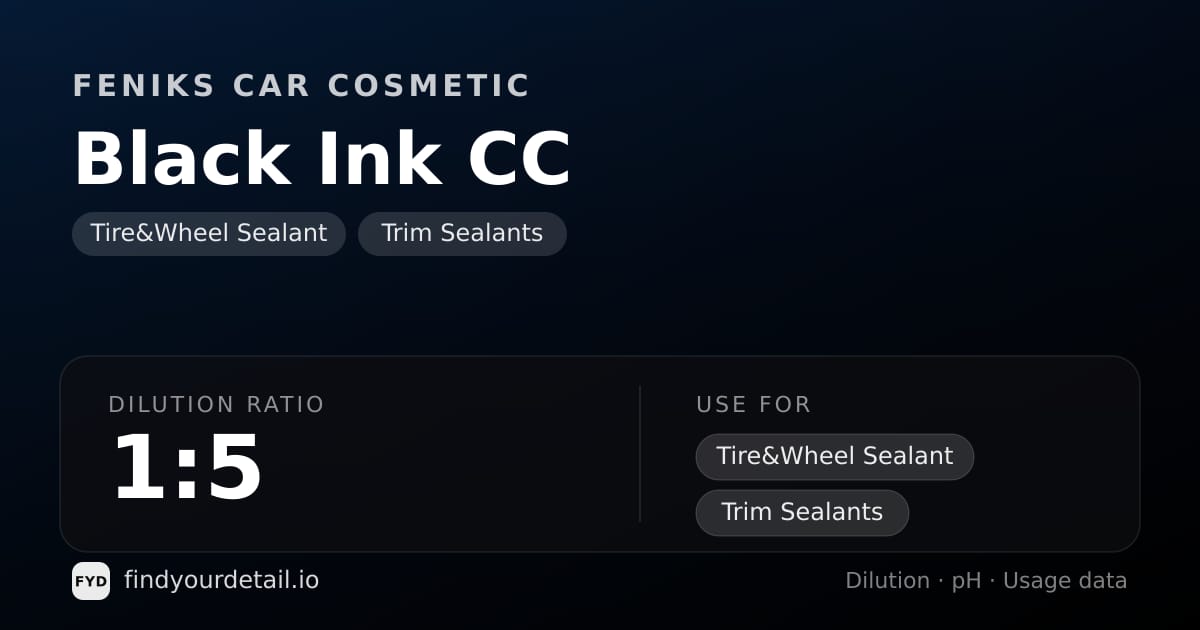 Feniks Car Cosmetic Black Ink CC dilution ratio and pH specification chart