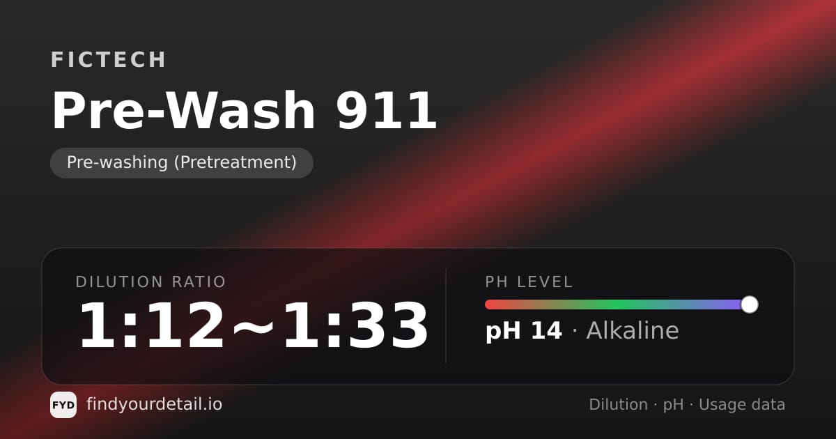 Fictech Pre-Wash 911 dilution ratio and pH specification chart