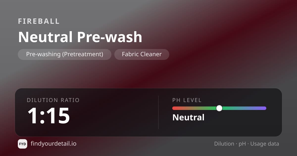 Fireball Neutral Pre-wash dilution ratio and pH specification chart