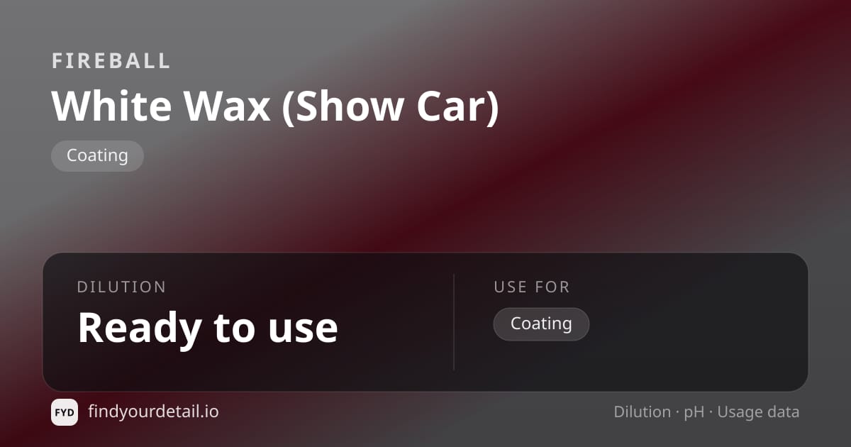 Fireball White Wax (Show Car) dilution ratio and pH specification chart