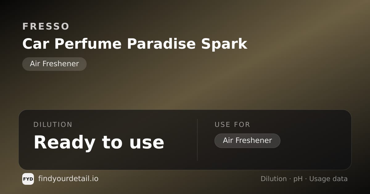Fresso Car Perfume Paradise Spark dilution ratio and pH specification chart