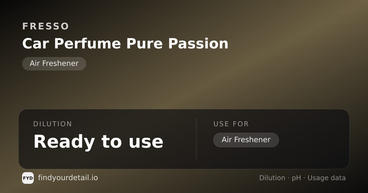 Fresso Car Perfume Pure Passion dilution ratio and pH specification chart