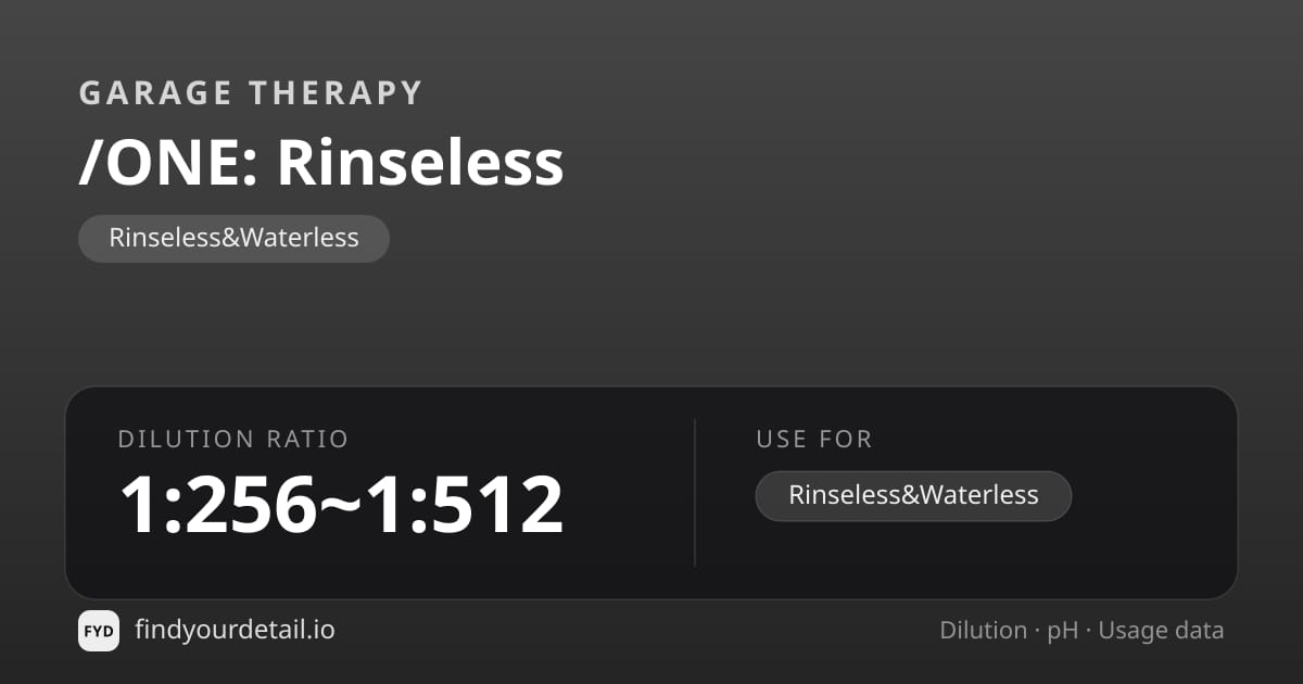 Garage Therapy /ONE: Rinseless 희석비 pH 스펙 카드