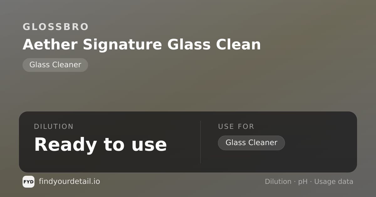 GLOSSBRO Aether Signature Glass Clean dilution ratio and pH specification chart