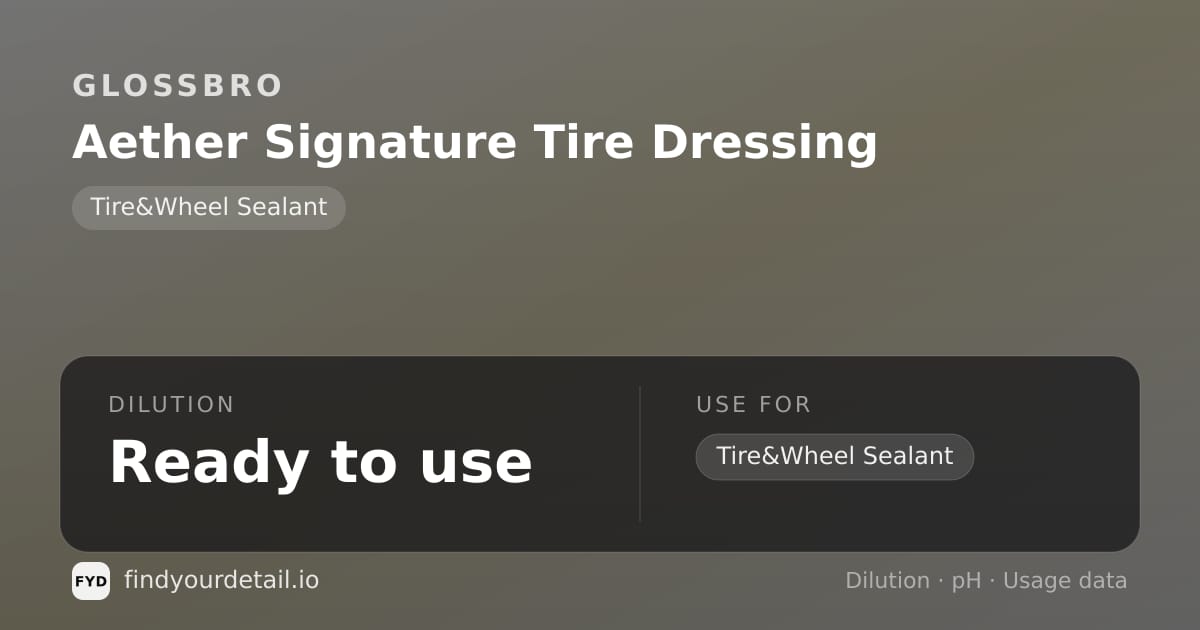 GLOSSBRO Aether Signature Tire Dressing dilution ratio and pH specification chart