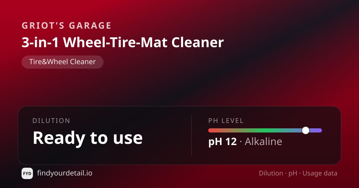 Griot's Garage 3-in-1 Wheel-Tire-Mat Cleaner dilution ratio and pH specification chart