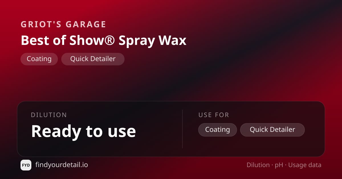 Griot's Garage Best of Show® Spray Wax dilution ratio and pH specification chart