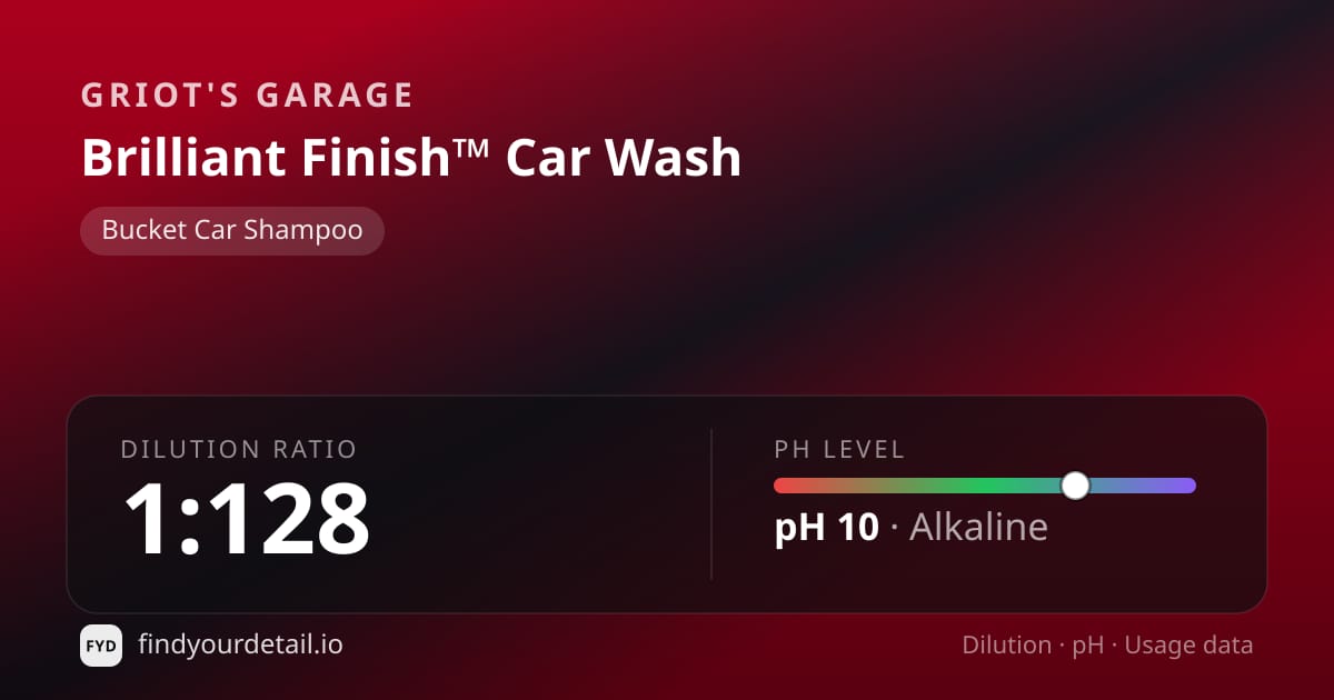 Griot's Garage Brilliant Finish™ Car Wash dilution ratio and pH specification chart