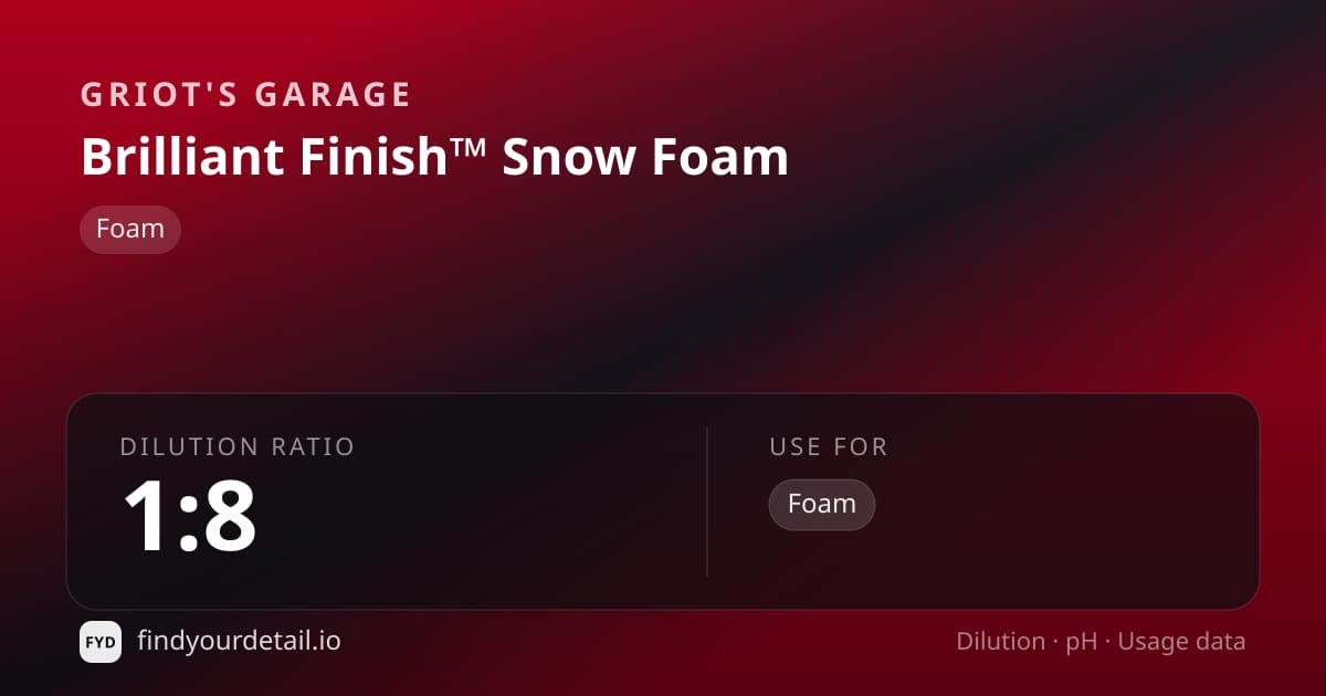 Griot's Garage Brilliant Finish™ Snow Foam dilution ratio and pH specification chart