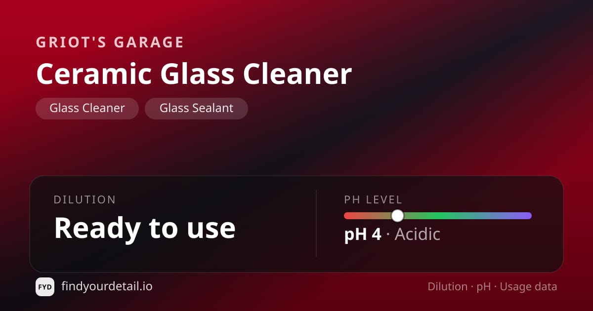 Griot's Garage Ceramic Glass Cleaner dilution ratio and pH specification chart