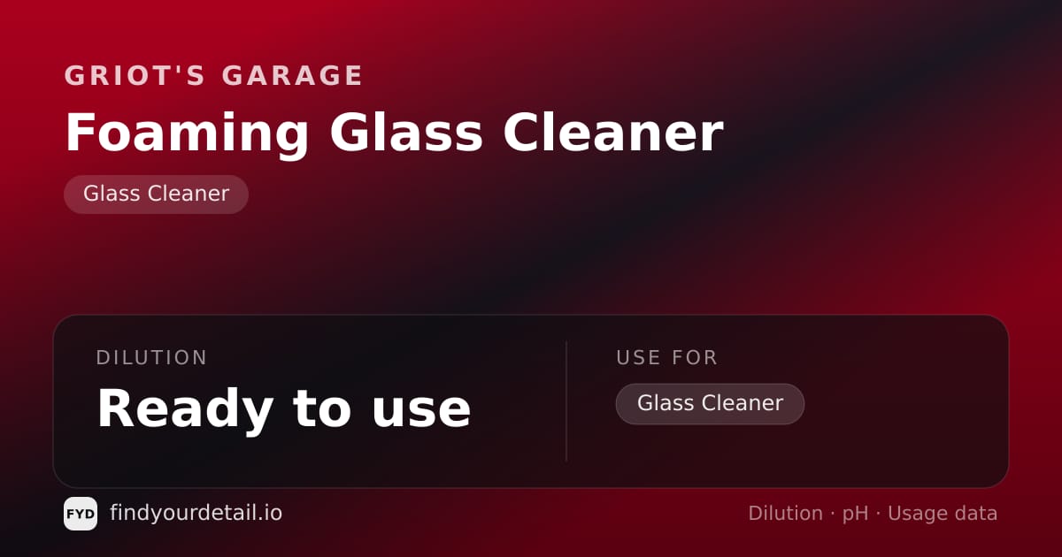 Griot's Garage Foaming Glass Cleaner dilution ratio and pH specification chart