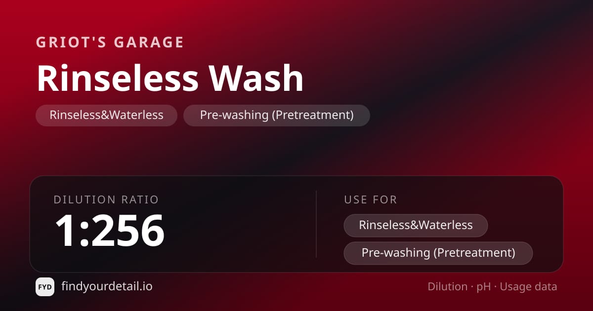 Griot's Garage Rinseless Wash dilution ratio and pH specification chart