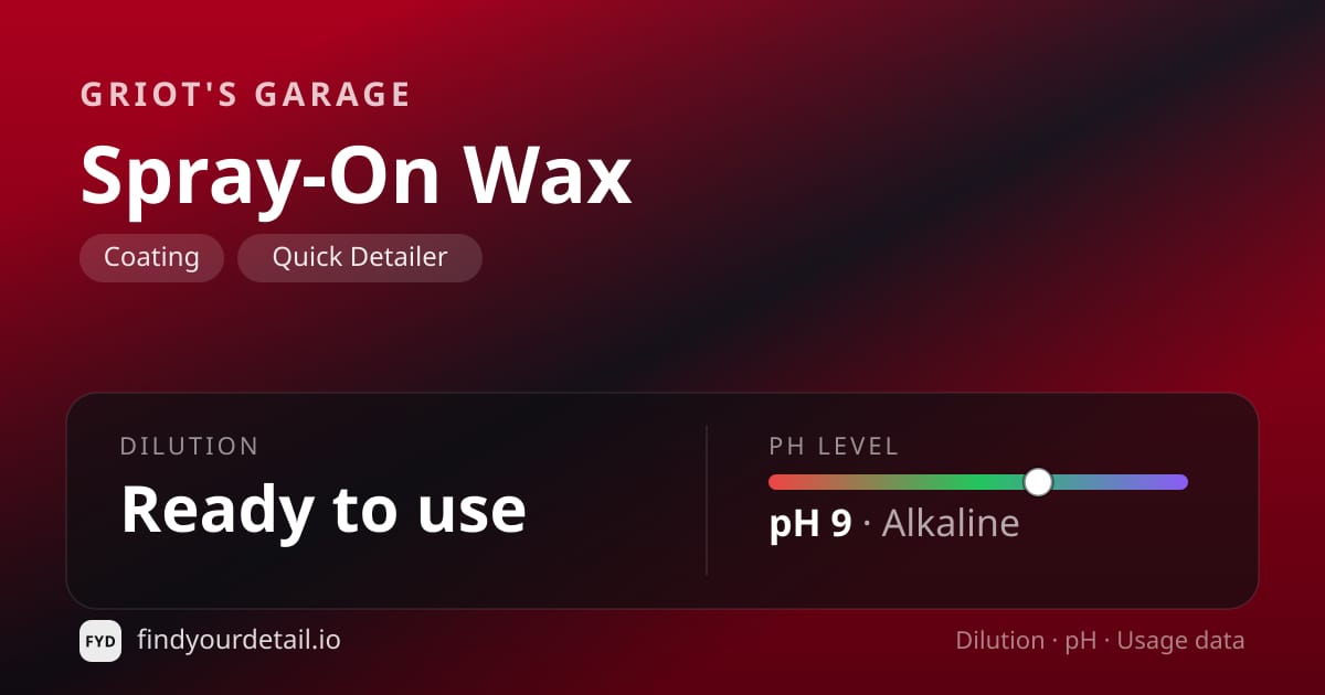 Griot's Garage Spray-On Wax dilution ratio and pH specification chart