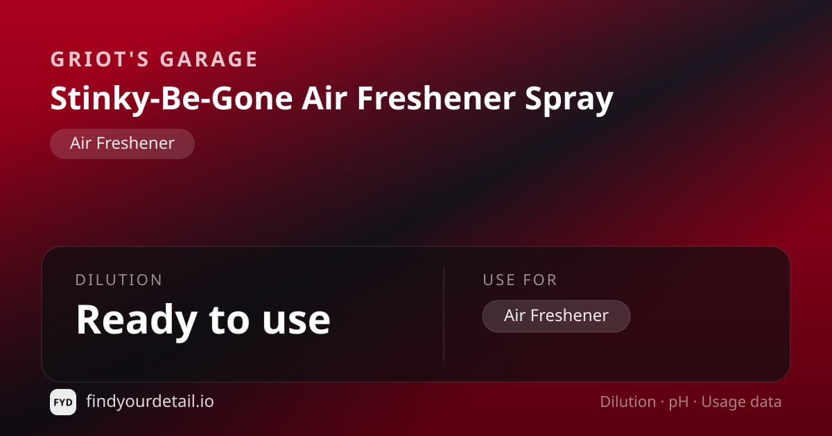 Griot's Garage Stinky-Be-Gone Air Freshener Spray dilution ratio and pH specification chart
