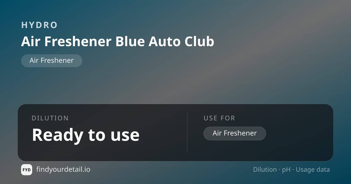 HYDRO Air Freshener Blue Auto Club dilution ratio and pH specification chart