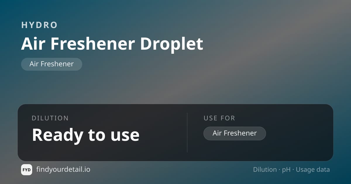 HYDRO Air Freshener Droplet dilution ratio and pH specification chart