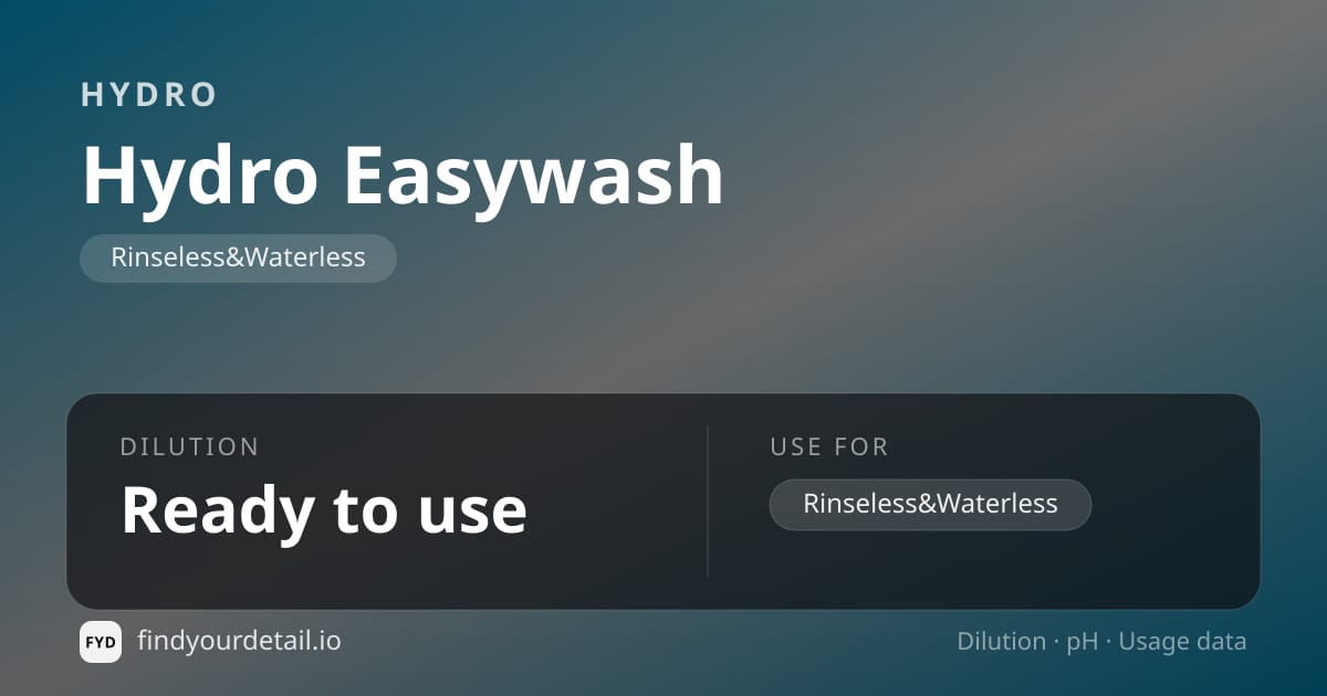 HYDRO Hydro Easywash dilution ratio and pH specification chart