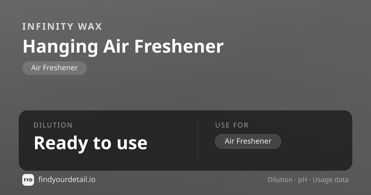 Infinity Wax Hanging Air Freshener dilution ratio and pH specification chart