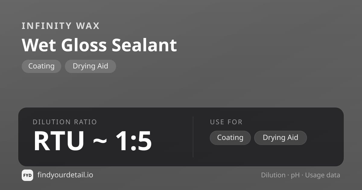 Infinity Wax Wet Gloss Sealant dilution ratio and pH specification chart