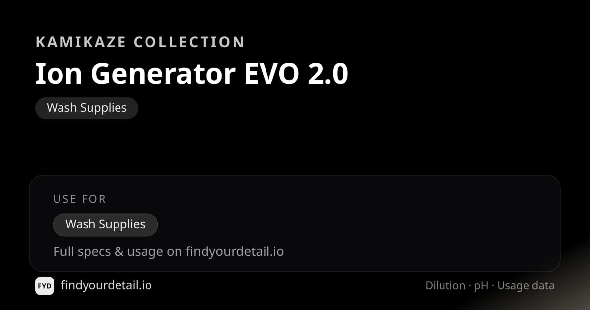 Kamikaze Collection Ion Generator EVO 2.0 dilution ratio and pH specification chart