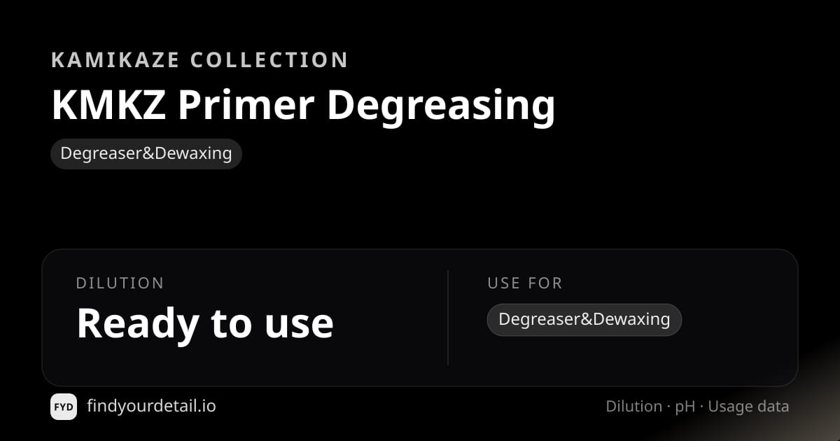 Kamikaze Collection KMKZ Primer Degreasing dilution ratio and pH specification chart