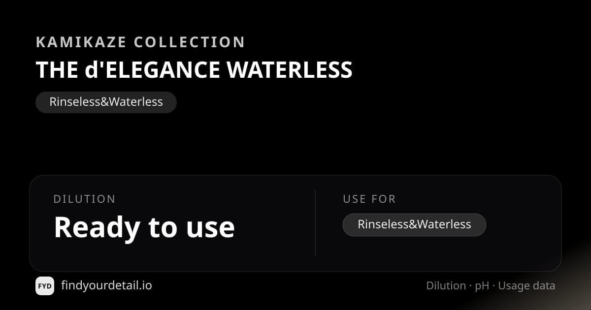 Kamikaze Collection THE d'ELEGANCE WATERLESS dilution ratio and pH specification chart